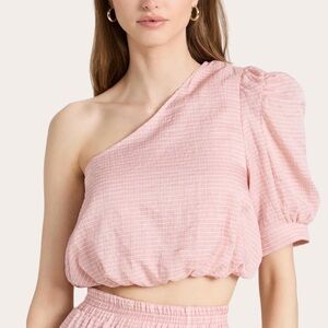 Anthropologie‎ Top En Saison Pink One-Shoulder Crop Puff tee Small Maeve Pilcro
